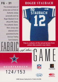 2001 Leaf Certified Materials - Fabric of the Game Silver #FG-31 Roger Staubach Back