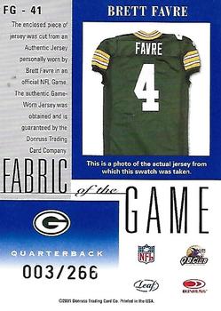 2001 Leaf Certified Materials - Fabric of the Game Silver #FG-41 Brett Favre Back