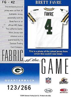 2001 Leaf Certified Materials - Fabric of the Game Silver #FG-42 Brett Favre Back
