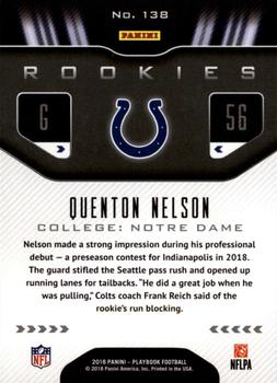 2018 Panini Playbook #138 Quenton Nelson Back