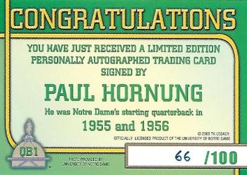 2003-09 TK Legacy Notre Dame Fighting Irish - QB Club Autographs #QB1 Paul Hornung Back