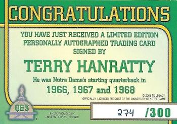 2003-09 TK Legacy Notre Dame Fighting Irish - QB Club Autographs #QB3 Terry Hanratty Back