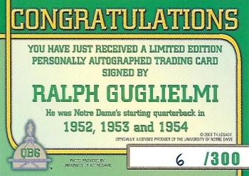 2003-09 TK Legacy Notre Dame Fighting Irish - QB Club Autographs #QB6 Ralph Guglielmi Back