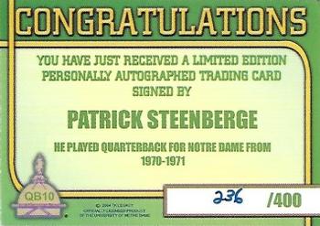 2003-09 TK Legacy Notre Dame Fighting Irish - QB Club Autographs #QB10 Pat Steenberge Back