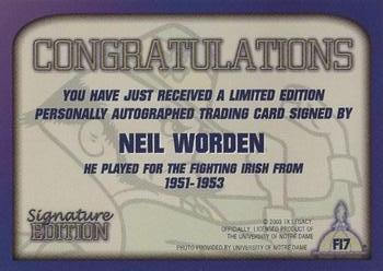 2003-09 TK Legacy Notre Dame Fighting Irish - Fighting Irish Signature Edition #FI7 Neil Worden Back