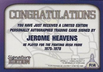 2003-09 TK Legacy Notre Dame Fighting Irish - Fighting Irish Signature Edition #FI14 Jerome Heavens Back