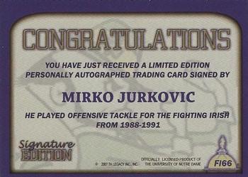 2003-09 TK Legacy Notre Dame Fighting Irish - Fighting Irish Signature Edition #FI66 Mirko Jurkovic Back