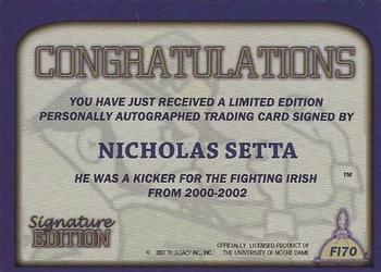 2003-09 TK Legacy Notre Dame Fighting Irish - Fighting Irish Signature Edition #FI70 Nicholas Setta Back