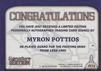 2003-09 TK Legacy Notre Dame Fighting Irish - Fighting Irish Signature Edition #FI71 Myron Pottios Back
