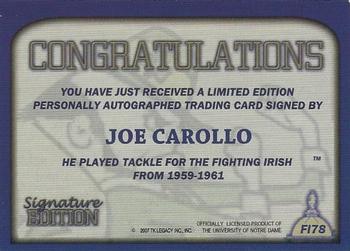 2003-09 TK Legacy Notre Dame Fighting Irish - Fighting Irish Signature Edition #FI78 Joe Carollo Back
