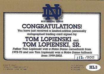 2003-09 TK Legacy Notre Dame Fighting Irish - Historical Links Autographs #HL3 Tom Lopienski Sr. / Tom Lopienski Jr. Back
