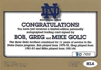 2003-09 TK Legacy Notre Dame Fighting Irish - Historical Links Autographs #HL6 Bob Golic / Greg Golic / Mike Golic Back