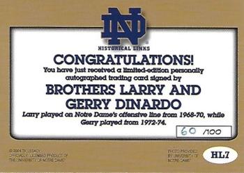2003-09 TK Legacy Notre Dame Fighting Irish - Historical Links Autographs #HL7 Gerry DiNardo / Larry DiNardo Back