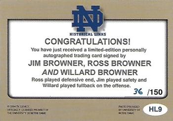 2003-09 TK Legacy Notre Dame Fighting Irish - Historical Links Autographs #HL9 Jim Browner / Ross Browner / Willard Browner Back
