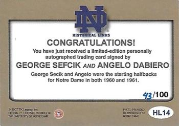2003-09 TK Legacy Notre Dame Fighting Irish - Historical Links Autographs #HL14 George Sefcik / Angelo Dabiero Back