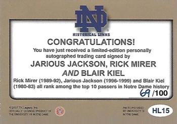 2003-09 TK Legacy Notre Dame Fighting Irish - Historical Links Autographs #HL15 Jarious Jackson / Rick Mirer / Blair Kiel Back