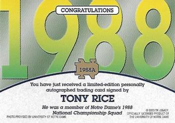 2003-09 TK Legacy Notre Dame Fighting Irish - National Championship Autographs #1988A Tony Rice Back