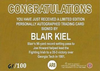 2003-09 TK Legacy Notre Dame Fighting Irish - Historical Archives Autographs #AR8 Blair Kiel Back