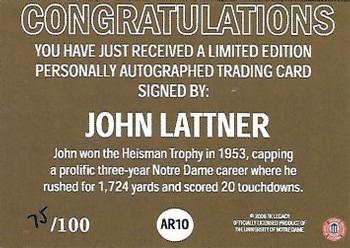 2003-09 TK Legacy Notre Dame Fighting Irish - Historical Archives Autographs #AR10 John Lattner Back