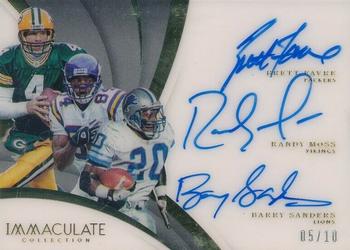 2018 Panini Immaculate Collection - Immaculate Trios Autographs #TA-FMS Brett Favre / Randy Moss / Barry Sanders Front