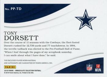 2018 Panini Immaculate Collection - Premium Patch Autographs Gold #PP-TD Tony Dorsett Back
