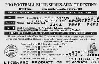1997 Destiny Telecom Pro Football Elite Series Men of Destiny #36 Brett Favre Back
