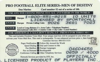 1997 Destiny Telecom Pro Football Elite Series Men of Destiny #52 Dan Marino Back