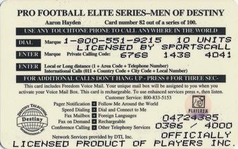 1997 Destiny Telecom Pro Football Elite Series Men of Destiny #82 Aaron Hayden Back