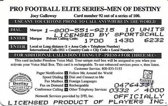 1997 Destiny Telecom Pro Football Elite Series Men of Destiny #92 Joey Galloway Back