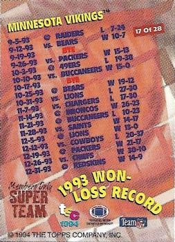 1994 Stadium Club - Super Teams Members Only #17 Minnesota Vikings Back