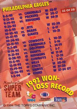 1994 Stadium Club - Super Teams Members Only #22 Philadelphia Eagles Back