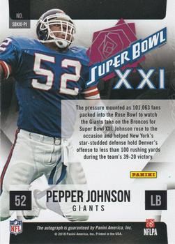 2018 Panini Obsidian - Super Bowl Signatures #SBXXI-PJ Pepper Johnson Back