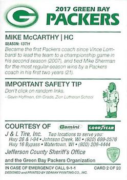 2017 Green Bay Packers Police - J & L Tire Inc., Jefferson County Sheriff's Office #2 Mike McCarthy Back