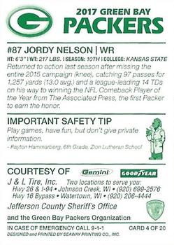 2017 Green Bay Packers Police - J & L Tire Inc., Jefferson County Sheriff's Office #4 Jordy Nelson Back