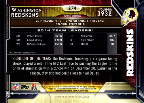 2015 Topps 5x7 - Red 5x7 #274 Washington Redskins Back