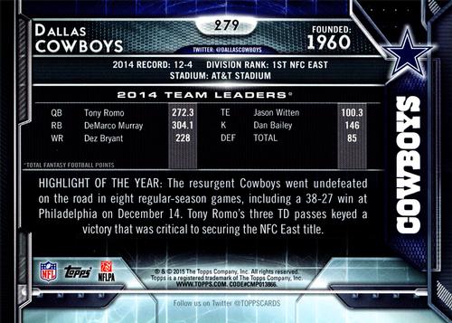 2015 Topps 5x7 - Red 5x7 #279 Dallas Cowboys Back