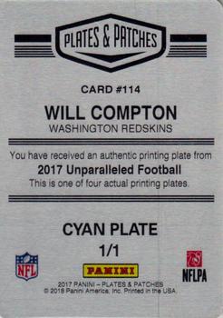 2017 Panini Plates & Patches - 2017 Panini Unparalleled Printing Plate Cyan #114 Will Compton Back
