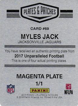 2017 Panini Plates & Patches - 2017 Panini Unparalleled Printing Plate Magenta #69 Myles Jack Back