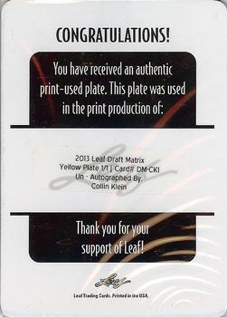 2013 Leaf Metal Draft - Draft Matrix Printing Plates Yellow #DM-CK1 Collin Klein Back