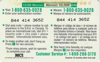 1995 7-Eleven MCI Phone Cards #2 Dan Marino Back