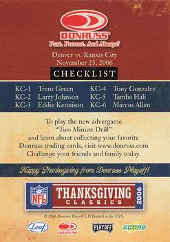 2006 Donruss Thanksgiving Classics Kansas City Chiefs #NNO Kansas City Chiefs Cover Card Back