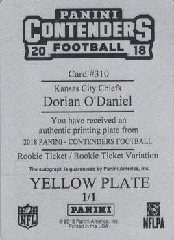 2018 Panini Contenders - Rookie Ticket Printing Plate Yellow/Rookie Ticket Printing Plate Yellow Variation #310 Dorian O'Daniel Back