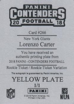 2018 Panini Contenders - Rookie Ticket Printing Plate Yellow/Rookie Ticket Printing Plate Yellow Variation #266 Lorenzo Carter Back