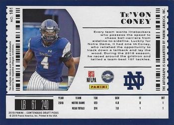 2019 Panini Contenders Draft Picks Collegiate #181 Te'Von Coney Back