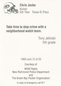 1993 Green Bay Packers Police - WIXK Radio,New Richmond Police Department #12 Chris Jacke Back