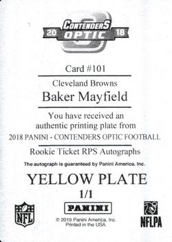 2018 Panini Contenders Optic - Printing Plate Yellow #101 Baker Mayfield Back