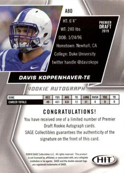 2019 SAGE HIT - Autographs #A80 Davis Koppenhaver Back