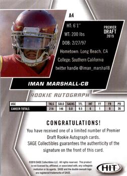 2019 SAGE HIT - Autographs Red #A4 Iman Marshall Back