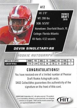 2019 SAGE HIT - Autographs Red #A12 Devin Singletary Back