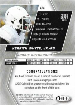 2019 SAGE HIT - Autographs Red #A24 Kerrith Whyte Jr. Back